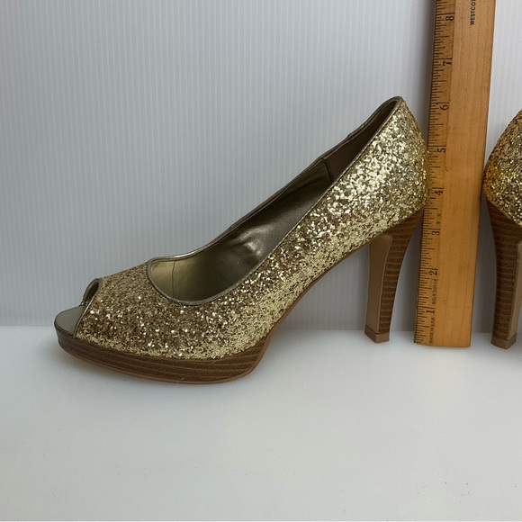 FIONI sz 8 Heels Open Toe Slight Platform Glitter Sparkly GOLD - Picture 7 of 11